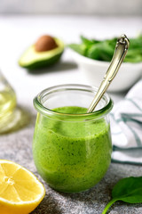 Homemade green avocado spinach sauce.