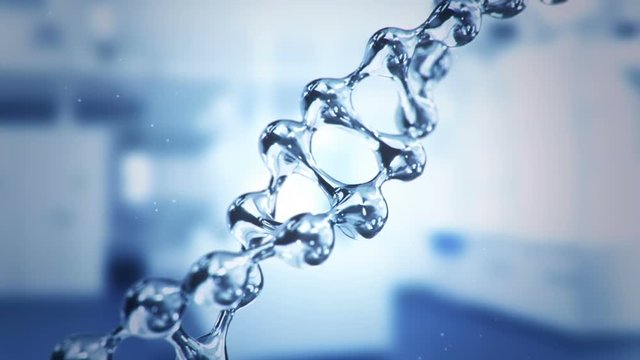 Animation of rotation DNA helix or molecule from glass and crystal and chemical formulas on backdrop. Animation of seamless loop.
