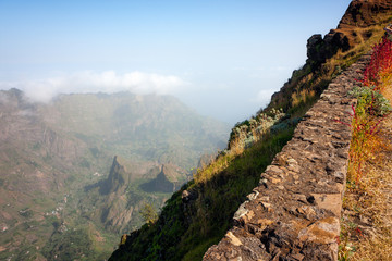 Cabo Verde landscape volcanic mountains of Santo Antao. Rocky edge by the road