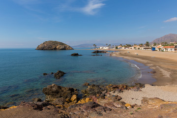 Fototapeta na wymiar Playa de Nares beach Puerto de Mazarron Murcia south east Spain one of many beautiful beaches in this Spanish coast town by the Mediterranean Sea 