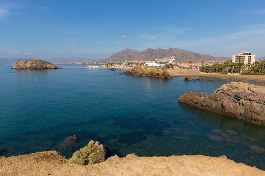 Playa la Pava beach Puerto De Mazarron viewed from Cabezo de Gavilan Spain
