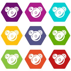 Water molecule icons 9 set coloful isolated on white for web
