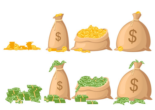 Money bag set. Cloth sack full of paper dollars and golden coins. US dollar sign. Flat vector illustration isolated on white background