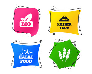 Natural Bio food icons. Halal and 100% Kosher signs. Gluten free agricultural symbol. Geometric colorful tags. Banners with flat icons. Trendy design. Bio food vector