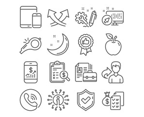 Set of Positive feedback, Whistle and Engineering icons. Vacancy, Mobile devices, report and Intersection arrows signs. Mobile finance, Accounting wealth and Accounting report feedback symbols. Vector