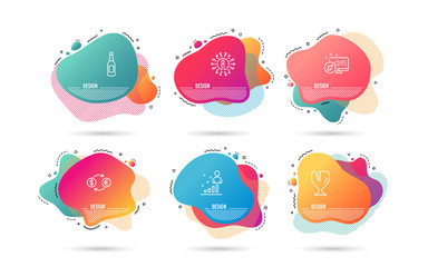 Dynamic liquid shapes. Set of Fragile package, Beer and Stats icons. Currency exchange sign. Safe shipping, Pub alcohol, Business analysis. Banking finance.  Gradient banners. Fluid abstract shapes