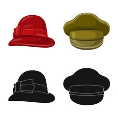 Vector design of headgear and cap symbol. Collection of headgear and accessory stock vector illustration.