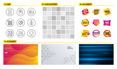 Seamless pattern. Shopping mall banners. Set of Contactless payment, Parking payment and Send mail icons. Edit document, Recruitment and Cashback signs. Algorithm, Users and Downloading symbols