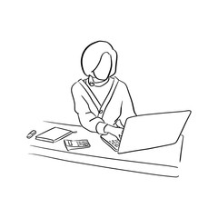 businesswoman using computer notebook laptop on her desk vector illustration sketch doodle hand drawn with black lines isolated on white background