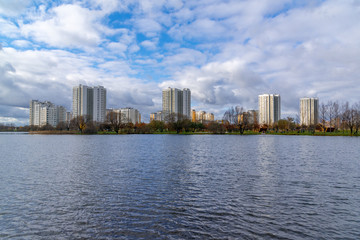 Naklejka premium Moscow, Butovo district, new building, view from the window into the territory near the house, new houses, building.