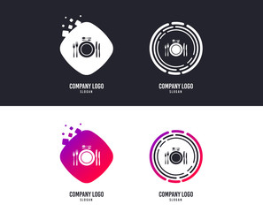 Fototapeta premium Logotype concept. Plate dish with forks and knifes. Dessert trident fork with teaspoon. Eat sign icon. Cutlery etiquette rules symbol. Logo design. Colorful buttons with icons. Vector
