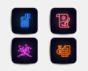 Neon set of Creative painting, Startup concept and Calculator icons. Accounting wealth sign. Graphic art, Launch project, Money management. Audit report. Neon startup icons. Vector