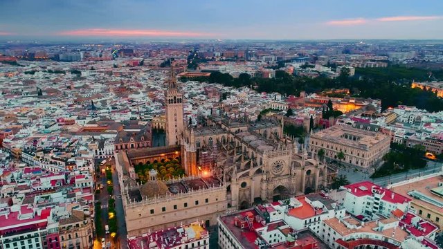 Dusk aerial view of Seville Cathedral