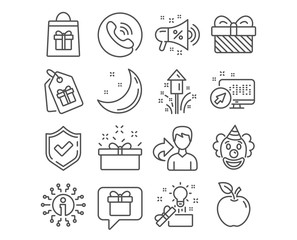 Set of Sale megaphone, Coupons and Holidays shopping icons. Creative idea, Wish list and Present box signs. Fireworks, Clown and Gift symbols. Shopping, Gifts bag, Present box. Vector