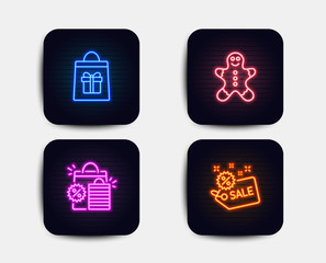 Neon set of Gingerbread man, Shopping bag and Holidays shopping icons. Sale sign. Christmas cookie, Sale discount, Gift bag. Neon icons. Glowing light banners. Gift vector