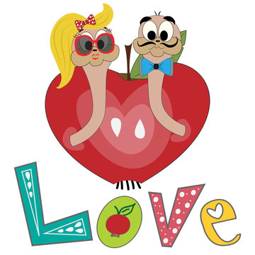 Vector illustration with caterpillars and apple. Inscription Love. Cartoon caterpillar and apple. Caterpillars in love. T-shirt graphics for kids