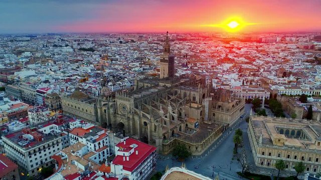 Sunrise aerial view of Seville Cathedral
