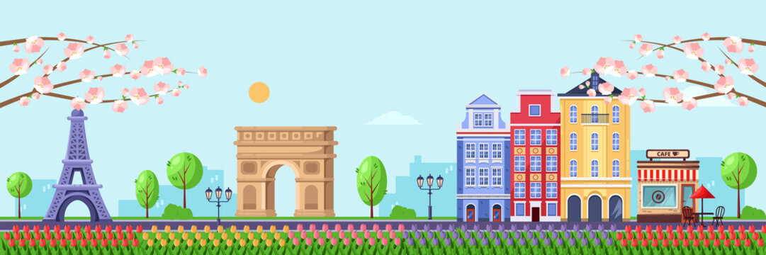 Spring season in Paris. Vector flat illustration of cityscape with Eiffel tower, Triumphal Arch and old buildings.
