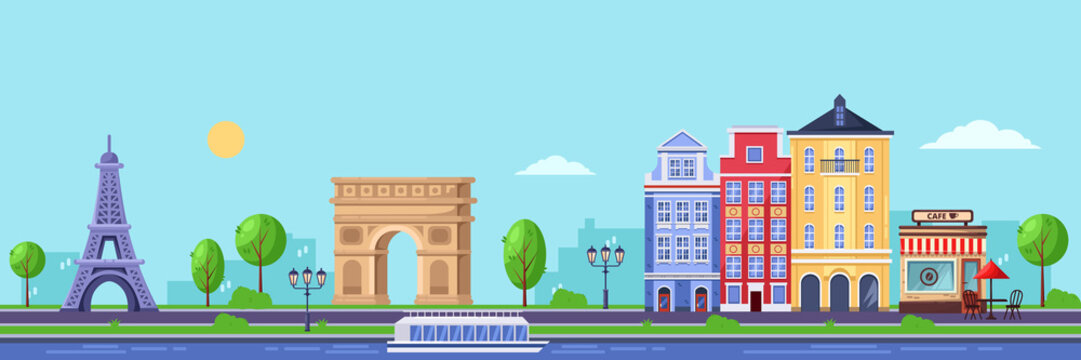 Summer season in Paris. Vector flat illustration of cityscape with Eiffel tower, Triumphal Arch and old buildings.