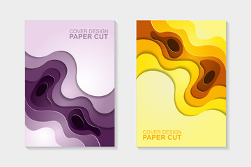 Set of cover design abstract with purple and yellow paper cut shapes. Cover design with abstract background. Paper cut vector illustration for banner, presentation, and invitation.