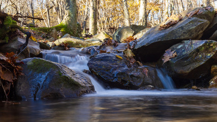 Fototapeta na wymiar Water runs down a creek in Shenandoah National Park as signs of fall appear with leaves on the ground and colors in the trees