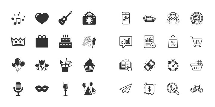 Set of Celebration, Birthday and Party icons. Fireworks, Air balloon and Champagne glass signs. Gift box, Cake and Photo camera symbols. Music and cocktails. Vector