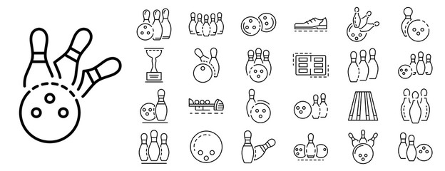 Bowling icon set. Outline set of bowling vector icons for web design isolated on white background