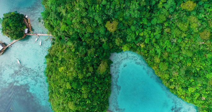 Aerial view of Sugba lagoon. Beautiful landscape with blue sea lagoon, National Park, Siargao Island, Philippines