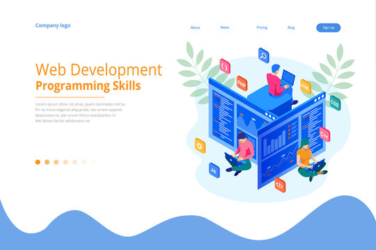 Isometric programmer coding new project. Web Development and Programming Skills for website. WEB Banner illustration project team of engineers for website, PHP, HTML, C++, CSS, Js.