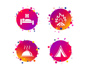 Hot food, sleep, camping tent and fire icons. Hotel or bed and breakfast. Road signs. Gradient circle buttons with icons. Random dots design. Vector