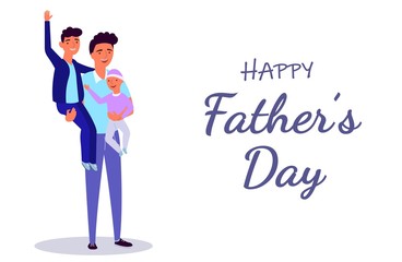 ПечатьFather holding his son and daughter. Modern flat vector, made in blue pink and violet colors.   A poster on a white background with congratulations on Father's Day.
