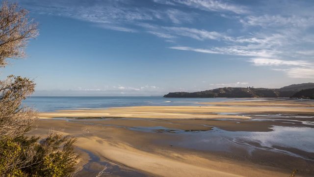 Timelapse of tide rising on a beautiful sandy beach in Abel Tasman National Park in New Zealand, one of the country great walks.