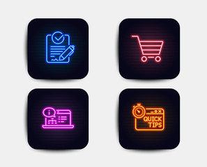 Neon glow lights. Set of Market sale, Online documentation and Rfp icons. Quick tips sign. Customer buying, Web engineering, Request for proposal. Helpful tricks.  Neon icons. Glowing light banners