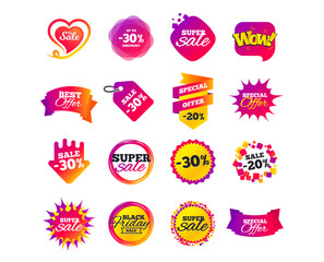 Sale banner templates design. Special offer tags. Cyber monday sale discounts. Black friday shopping icons. Best ultimate offer. Super shopping discount icons. Vector