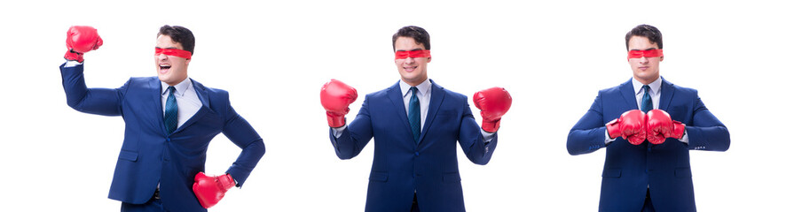 Lawyer with blindfold wearing boxing gloves isolated on white