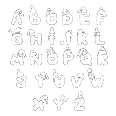 Vector letters of the English alphabet A-Z in winter Christmas hats