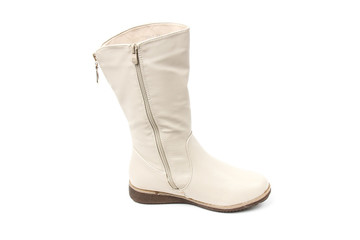 Women's photo boot beige leather shoes isolated on white background