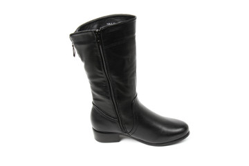 Women's photo boot black leather shoes isolated on white background