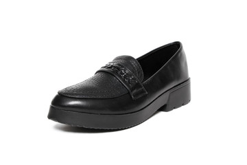 Women's loafer photo black shoes isolated on white background