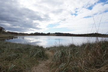 Fall landscape in the Midwest with lake, clouds, and beach grass