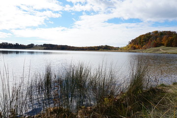 Fall landscape in the Midwest with lake, clouds, and grass with fall leaves on trees