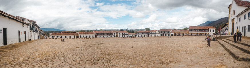 Plaza Mayor, the main town square of Villa de Leyva, Colombia, famous for its large expanse of cobbled space