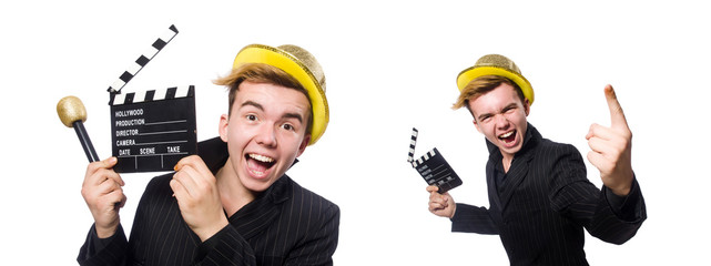 Funny man with movie clapboard
