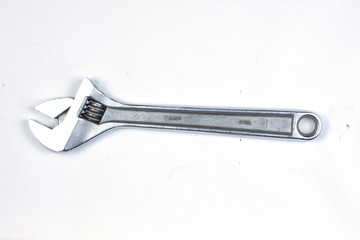 Silver metal spanner tool, isolated.