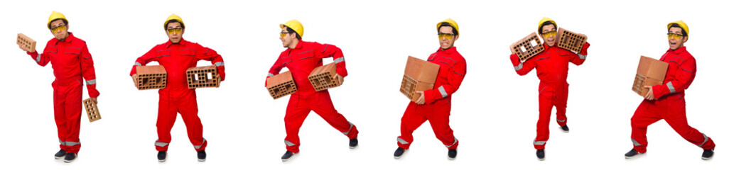 Construction worker with clay bricks on white