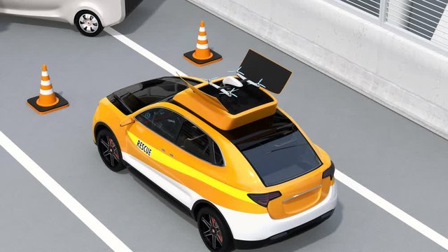 Electric rescue SUV released drone to recording car accident on highway. 3D rendering animation.