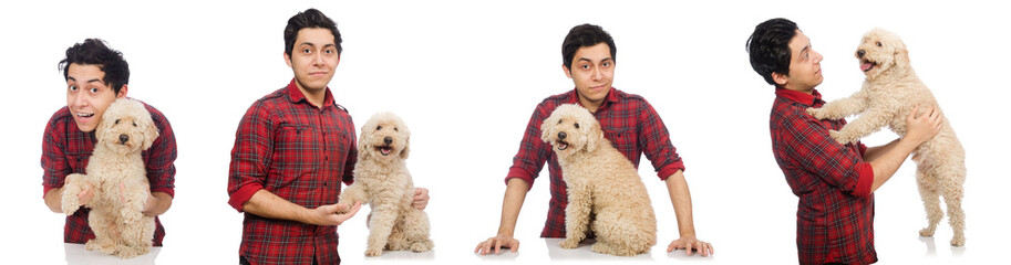 Young man with dog isolated on white