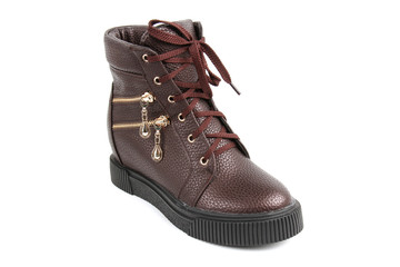 Brown women's leather demi-season shoes isolated on white background