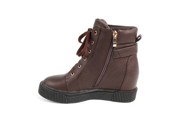 Brown women's leather demi-season shoes isolated on white background