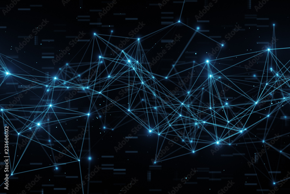 Poster abstract flashing connected digital data nodes and connection paths on any type of network 3d illust